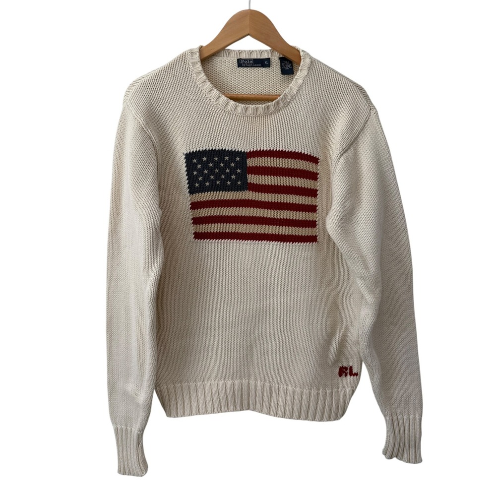 Vintage 90s Polo Ralph Lauren American Flag Knit Sweater XL Cotton Made in Japan